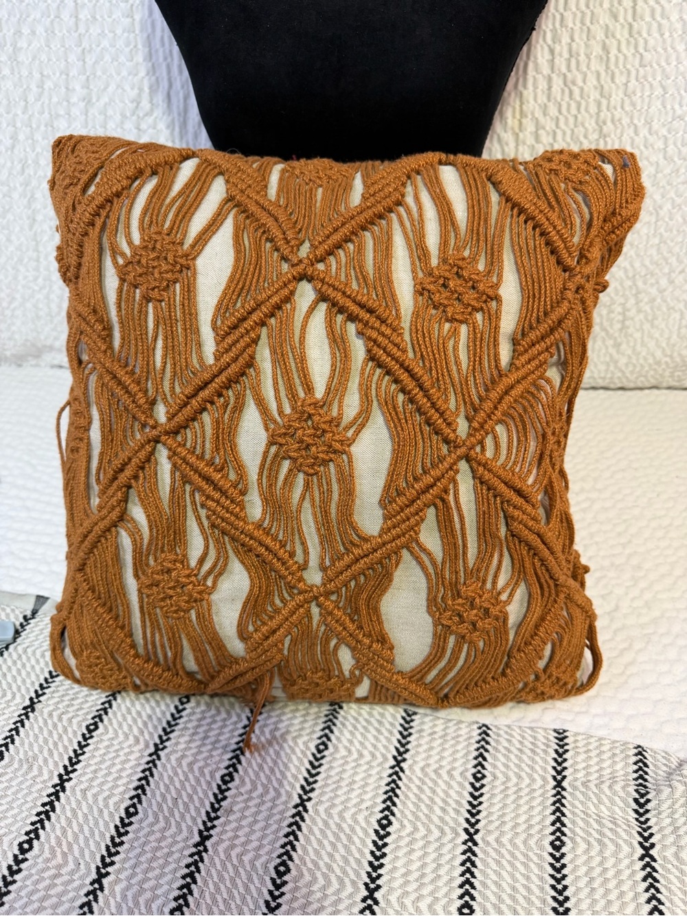 Cost Plus World Market Macramé Accent Pillow - Rust Orange on Cream